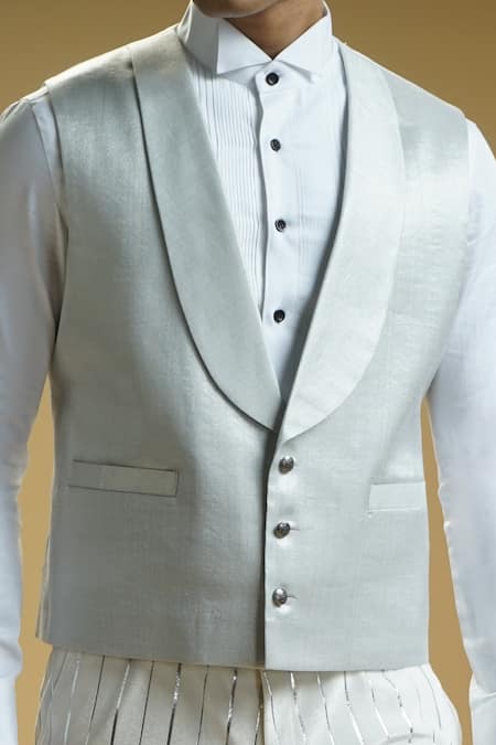 Buy Kommal Sood White Velvet Silver Shawl Lapel Collared Waistcoat Pattern Trouser Set Online at Aza Fashions Buy_Kommal Sood_White Velvet Silver Shawl Lapel Collared Waistcoat Pattern Trouser Set _Online_at_Aza_Fashions