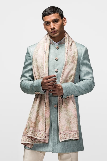 Buy_Asuka_Blue Jersey Embroidery Jute Silk Achkan Set _Online_at_Aza_Fashions