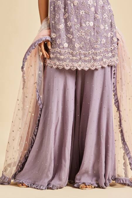 Nitika Gujral Purple Kurta And Sharara Shimmer Georgette & Dupatta Floral Sleeveless Set Online at Aza Fashions Nitika Gujral_Purple Kurta And Sharara Shimmer Georgette & Dupatta Floral Sleeveless Set _Online_at_Aza_Fashions