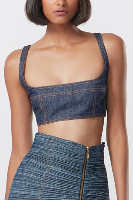 Saaksha & Kinni Blue Denim Embroidery Square Neck Cut Bustier Online at Aza Fashions Saaksha & Kinni_Blue Denim Embroidery Square Neck Cut Bustier_Online_at_Aza_Fashions
