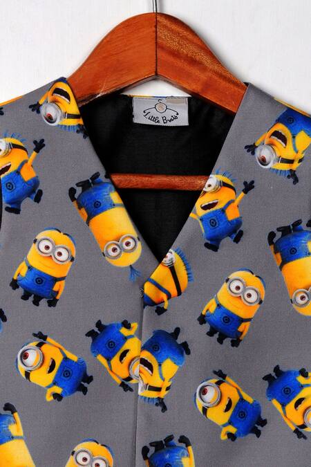 Little Brats_Grey Cotton, Kota Doria Minion Print Waistcoat_Online_at_Aza_Fashions