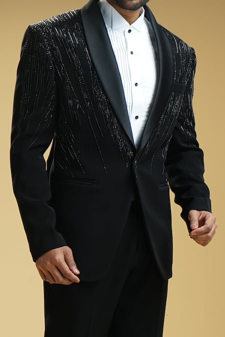 Kommal Sood Black Kupro Embroidered Cutdana Tonal And Sequin Tuxedo Trouser Set Online at Aza Fashions Kommal Sood_Black Kupro Embroidered Cutdana Tonal And Sequin Tuxedo Trouser Set _Online_at_Aza_Fashions