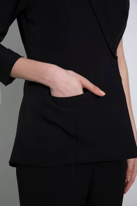 Shop_Pocketful Of Cherrie_Black Crepe One Shoulder Solid Asymmetric Jumpsuit _Online_at_Aza_Fashions