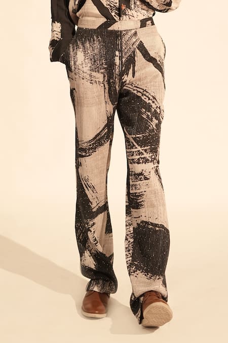 Nikita Mhaisalkar_Black Georgette Sequins Brush Stroke Print Pant _Online_at_Aza_Fashions