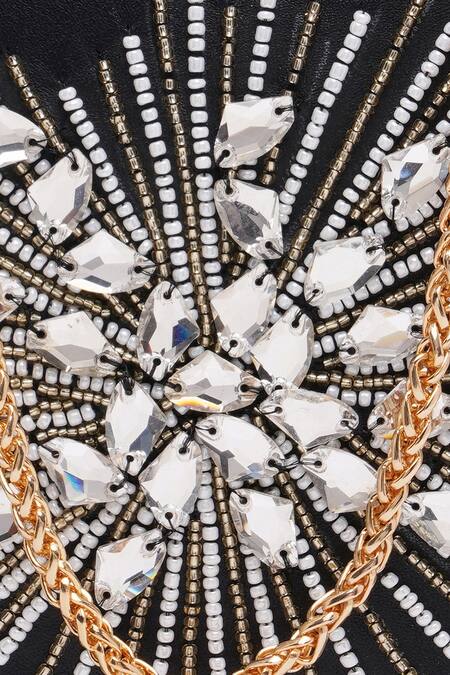 Richa Gupta_Black Embroidery Stone Embellished Clutch With Sling_Online_at_Aza_Fashions