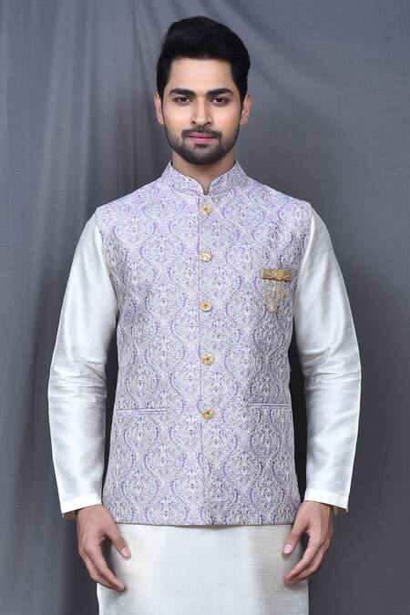 Arihant Rai Sinha Purple , Satin Embroidery Floral Thread Work Bundi And Kurta Set Online at Aza Fashions Arihant Rai Sinha_Purple , Satin Embroidery Floral Thread Work Bundi And Kurta Set _Online_at_Aza_Fashions