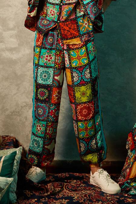 Esha L Amin_Multi Color Modal, Satin Big Tiles Print Joggers _Online_at_Aza_Fashions