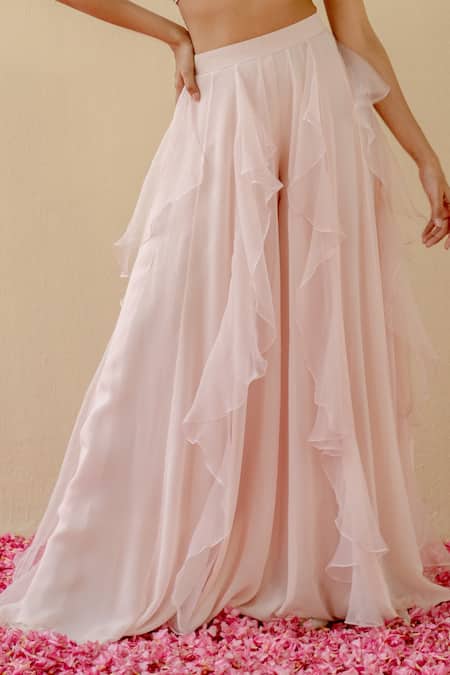Mint Blush_Pink Silk, Georgette Embroidery Halter Neck Crop Top With Ruffled Kalidar Pant _Online_at_Aza_Fashions