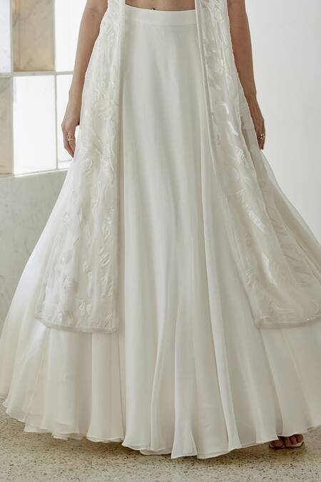 Mishru_Ivory Organza, Chanderi Silk Beads, Amina Water Embroidered Jacket Skirt Set_Online_at_Aza_Fashions