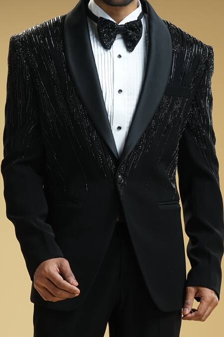 Kommal Sood Black Kupro Embroidered Cutdana Tuxedo Set With Bow-tie Online at Aza Fashions Kommal Sood_Black Kupro Embroidered Cutdana Tuxedo Set With Bow-tie _Online_at_Aza_Fashions