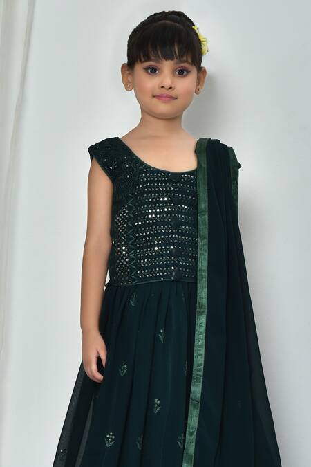 Banana Bee_Green Pure Georgette Embroidered Sequin Floral Sprig Lehenga Set _Online_at_Aza_Fashions