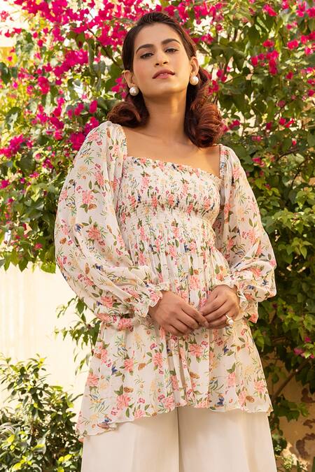 Buy Suruchi Parakh White Georgette, Crepe Square Neck Botanical Print Top And Flared Pant Set Online at Aza Fashions Buy_Suruchi Parakh_White Georgette, Crepe Square Neck Botanical Print Top And Flared Pant Set _Online_at_Aza_Fashions