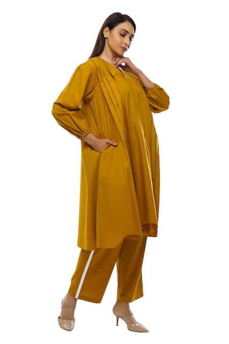 Khat_Yellow Poplin V-neck Pleated Cotton Dress Pant Co-ord Set _at_Aza_Fashions
