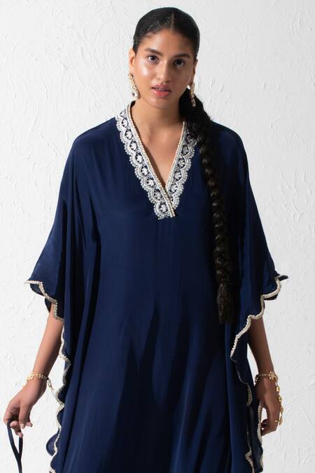 Rishi and Vibhuti Blue Crepe Zari V-neck Haya Neckline Embroidered Kaftan Online at Aza Fashions Rishi and Vibhuti_Blue Crepe Zari V-neck Haya Neckline Embroidered Kaftan _Online_at_Aza_Fashions