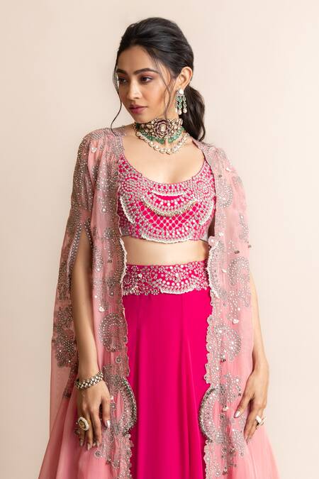 Nupur Kanoi Fuchsia Crepe, Satin, Silk, Georgette Floral Embroidered Lehenga With Long Cape Online at Aza Fashions Nupur Kanoi_Fuchsia Crepe, Satin, Silk, Georgette Floral Embroidered Lehenga With Long Cape _Online_at_Aza_Fashions