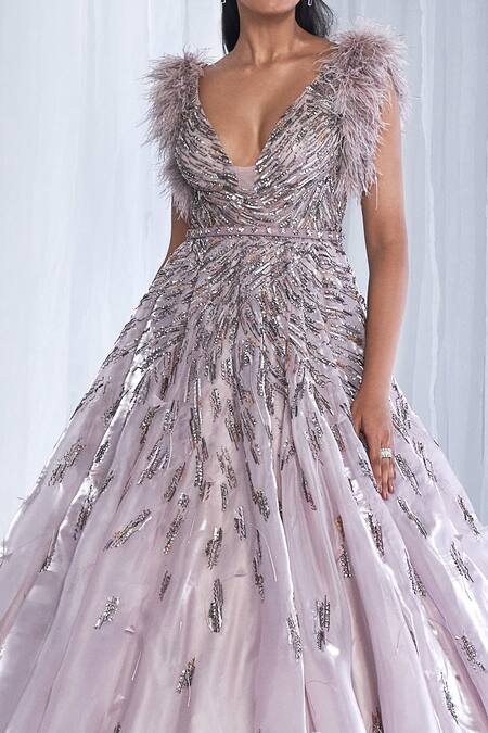 Dolly J Silver Organza Embellished Sequins Plunge V Nicolette Gown With Belt Online at Aza Fashions Dolly J_Silver Organza Embellished Sequins Plunge V Nicolette Gown With Belt _Online_at_Aza_Fashions