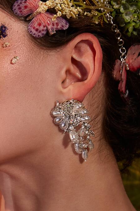 House Of D"Oro_Grey Pearls Jolena Mother Of Embellished Earrings_Online_at_Aza_Fashions