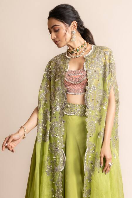 Nupur Kanoi_Green Crepe, Satin Studs, Pearls Embroidered Border Long Cape And Sharara Set _Online_at_Aza_Fashions