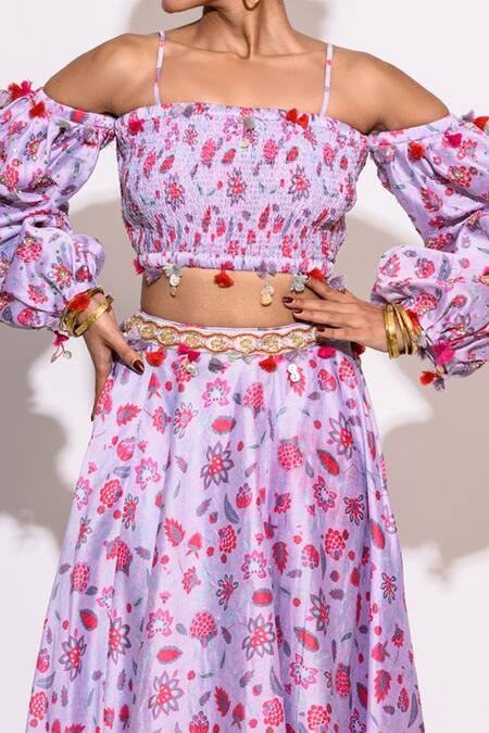 Aangan By Parul Purple Silk Embroidery Square Neck Floral Print Skirt And Blouse Set Online at Aza Fashions Aangan By Parul_Purple Silk Embroidery Square Neck Floral Print Skirt And Blouse Set _Online_at_Aza_Fashions