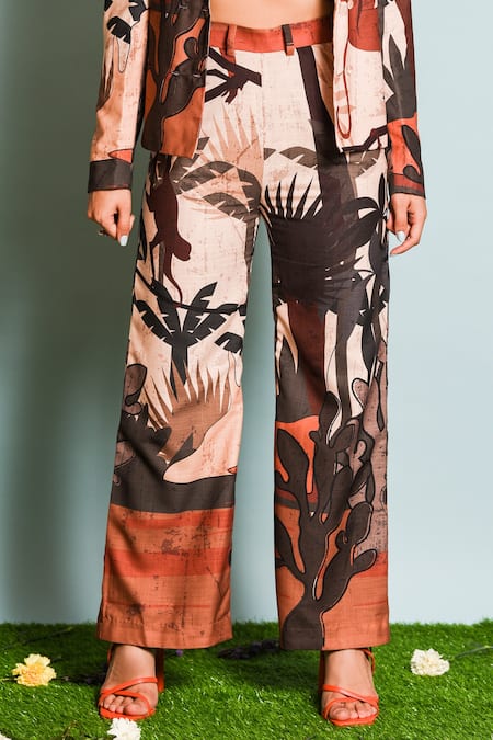 Buy_The Dramebaaz CO_Brown Linen, Silk, Cotton V-neck Double Breasted Printed Blazer Pant Set _Online_at_Aza_Fashions