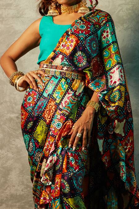 Esha L Amin_Multi Color Modal, Satin Tile Print Saree  _Online_at_Aza_Fashions