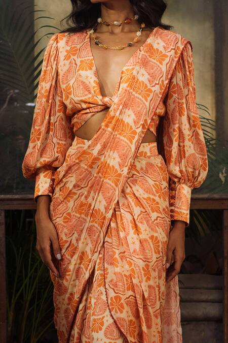 Suave_Orange Chiffon Pearls Plunge Neck Wilderness Print Pre-draped Saree With Blouse_Online_at_Aza_Fashions