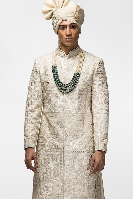 Asuka Beige Silk Embroidery Gota Raw Sherwani Set Online at Aza Fashions Asuka_Beige Silk Embroidery Gota Raw Sherwani Set _Online_at_Aza_Fashions