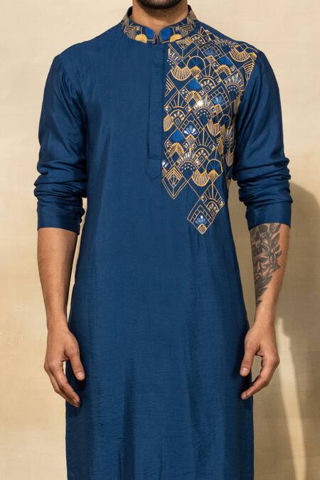 Diyarajvvir_Blue Cotton Embroidery Thread Kurta Set _Online_at_Aza_Fashions