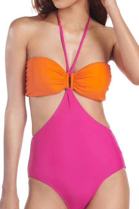 Kai Resortwear Orange Polyamide, Lycra Halter Neck Sunset Colorblock Swimsuit Online at Aza Fashions Kai Resortwear_Orange Polyamide, Lycra Halter Neck Sunset Colorblock Swimsuit _Online_at_Aza_Fashions