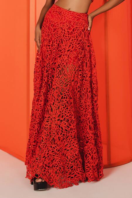 July Issue_Red Lace, Crepe Embroidery Round Neck Gia Schiffli Bralette And Skirt Set _Online_at_Aza_Fashions