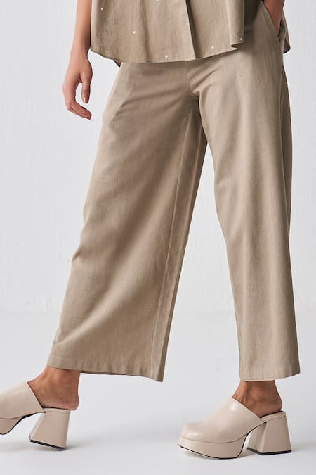 Three_Grey Handloom Cotton Plain High Waisted Pant _Online_at_Aza_Fashions