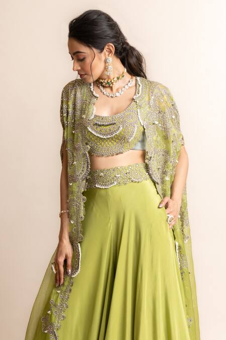 Nupur Kanoi Green Crepe, Satin, Georgette Studs, Embroidered Gather Cape And Sharara Set Online at Aza Fashions Nupur Kanoi_Green Crepe, Satin, Georgette Studs, Embroidered Gather Cape And Sharara Set _Online_at_Aza_Fashions