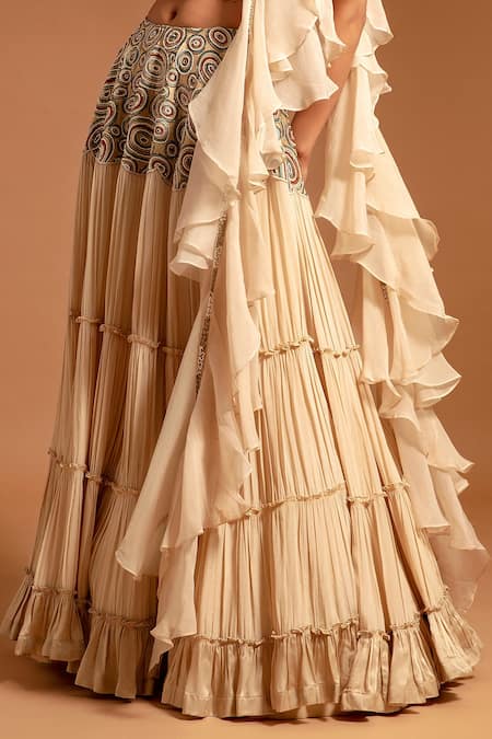 Buy Sejal Kamdar Ivory Pure Satin Crepe Embellished Ajrak Scoop And Gajji Silk Tiered Lehenga Set Online at Aza Fashions Buy_Sejal Kamdar_Ivory Pure Satin Crepe Embellished Ajrak Scoop And Gajji Silk Tiered Lehenga Set _Online_at_Aza_Fashions