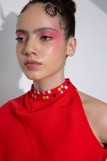 Buy Pocketful Of Cherrie Red Crepe Embroidery High Neck Thread Top Online at Aza Fashions Buy_Pocketful Of Cherrie_Red Crepe Embroidery High Neck Thread Top_Online_at_Aza_Fashions