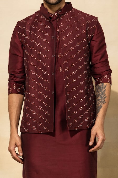 Diyarajvvir_Maroon , Satin Embroidery Bundi And Kurta Set _Online_at_Aza_Fashions
