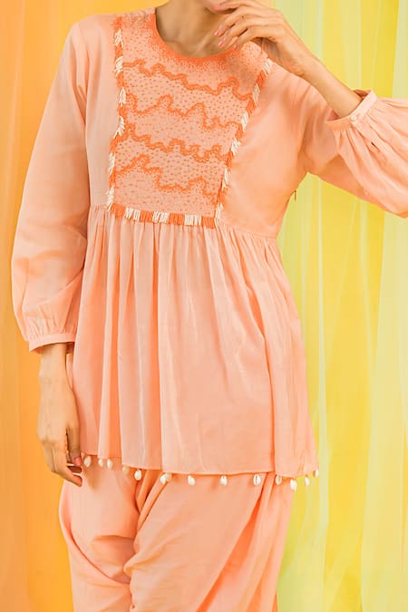 Kacha Tanka Peach Kurta And Dhoti Cotton Voile Hand Embroidery Embellished Short & Pant Set Online at Aza Fashions Kacha Tanka_Peach Kurta And Dhoti Cotton Voile Hand Embroidery Embellished Short & Pant Set _Online_at_Aza_Fashions