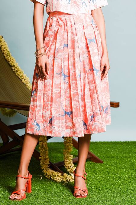 The Dramebaaz CO_White Muslin, Silk, Linen Collared Safari Print Crop Top With Pleated Skirt _Online_at_Aza_Fashions