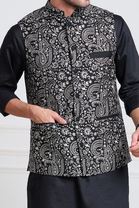 Taroob_Black Pashmina, Wool Embroidery Bundi _at_Aza_Fashions