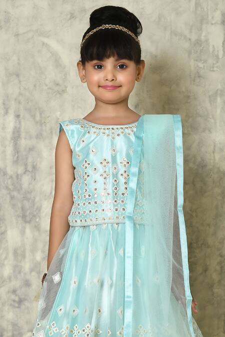 Petite Pomme_Sky Blue Net Embroidery, Sequins Geometric Cluster Threadwork Lehenga Set_Online_at_Aza_Fashions