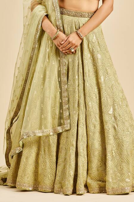 Nitika Gujral Green Lehenga Georgette And Dupatta & Blouse Net Embroidery Tonal Resham Set Online at Aza Fashions Nitika Gujral_Green Lehenga Georgette And Dupatta & Blouse Net Embroidery Tonal Resham Set _Online_at_Aza_Fashions