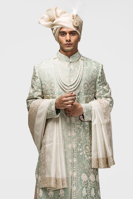 Asuka_Green Silk Diamonds, Embroidery Raw Sherwani Set _Online_at_Aza_Fashions