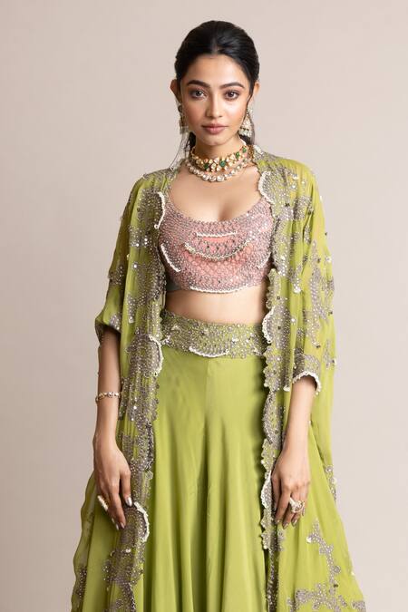 Nupur Kanoi Green Crepe, Satin Studs, Pearls Embroidered Triangle Cape And Circular Pant Set Online at Aza Fashions Nupur Kanoi_Green Crepe, Satin Studs, Pearls Embroidered Triangle Cape And Circular Pant Set _Online_at_Aza_Fashions