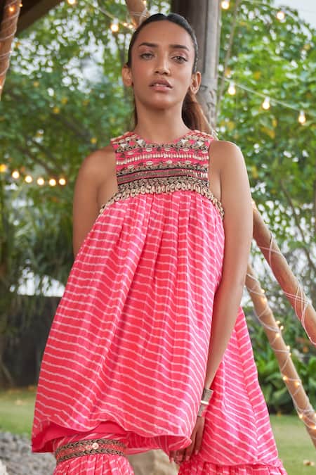 Surily G_Pink Silk Sequins, Beads Halter Neck Yoke Embroidered Tunic _Online_at_Aza_Fashions