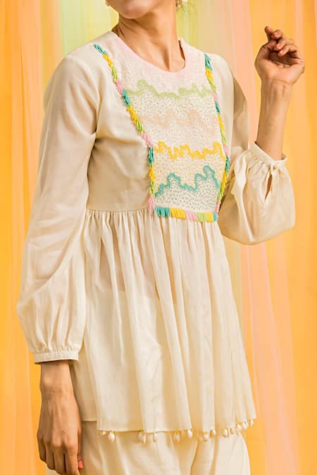 Kacha Tanka_Ivory Kurta And Dhoti Cotton Voile Hand Embroidery Bead Embellished & Pant Set _Online_at_Aza_Fashions