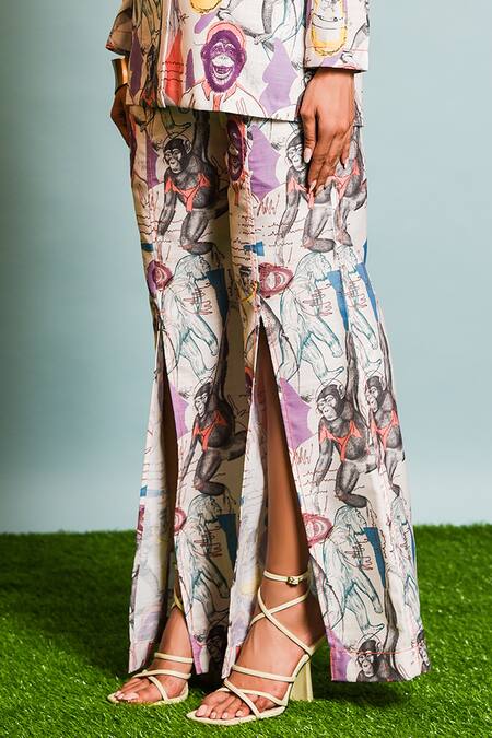 Buy The Dramebaaz CO Ivory Muslin, Silk Collared Japanese Macaques Print Jacket With Pant Online at Aza Fashions Buy_The Dramebaaz CO_Ivory Muslin, Silk Collared Japanese Macaques Print Jacket With Pant _Online_at_Aza_Fashions