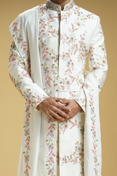 Kommal Sood Off White Cotton, Silk Embroidery Flower Sherwani Set Online at Aza Fashions Kommal Sood_Off White Cotton, Silk Embroidery Flower Sherwani Set _Online_at_Aza_Fashions