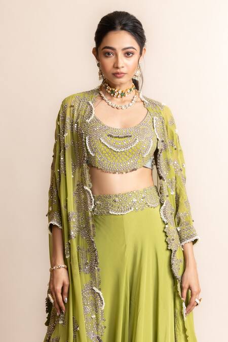 Nupur Kanoi Green Crepe, Satin Mirrors, Sequins, Border Triangle Cape And Circular Pant Set Online at Aza Fashions Nupur Kanoi_Green Crepe, Satin Mirrors, Sequins, Border Triangle Cape And Circular Pant Set _Online_at_Aza_Fashions