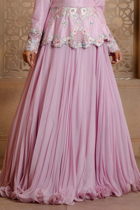 Omana By Ranjana Bothra_Purple Silk, Viscose Embroidery Round Mina Placement Peplum Top And Skirt Set _Online_at_Aza_Fashions