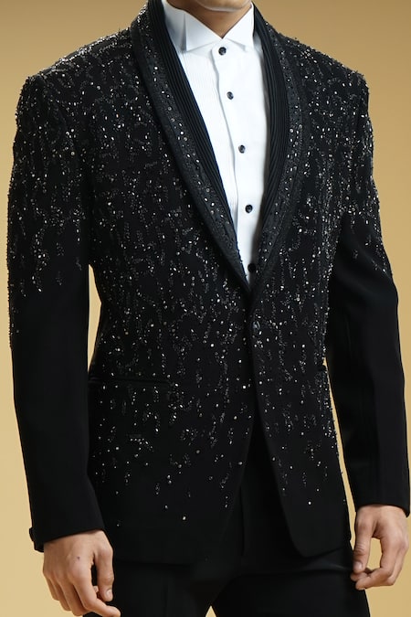 Kommal Sood Black Kupro Embroidered Sequin Cutdana And Tuxedo Trouser Set Online at Aza Fashions Kommal Sood_Black Kupro Embroidered Sequin Cutdana And Tuxedo Trouser Set _Online_at_Aza_Fashions