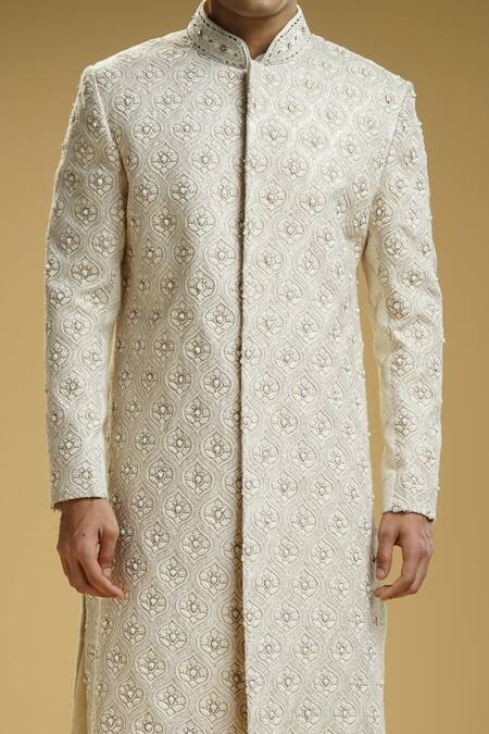 Kommal Sood Off White Georgette, Cotton Embroidery Jaal Sherwani Set Online at Aza Fashions Kommal Sood_Off White Georgette, Cotton Embroidery Jaal Sherwani Set _Online_at_Aza_Fashions